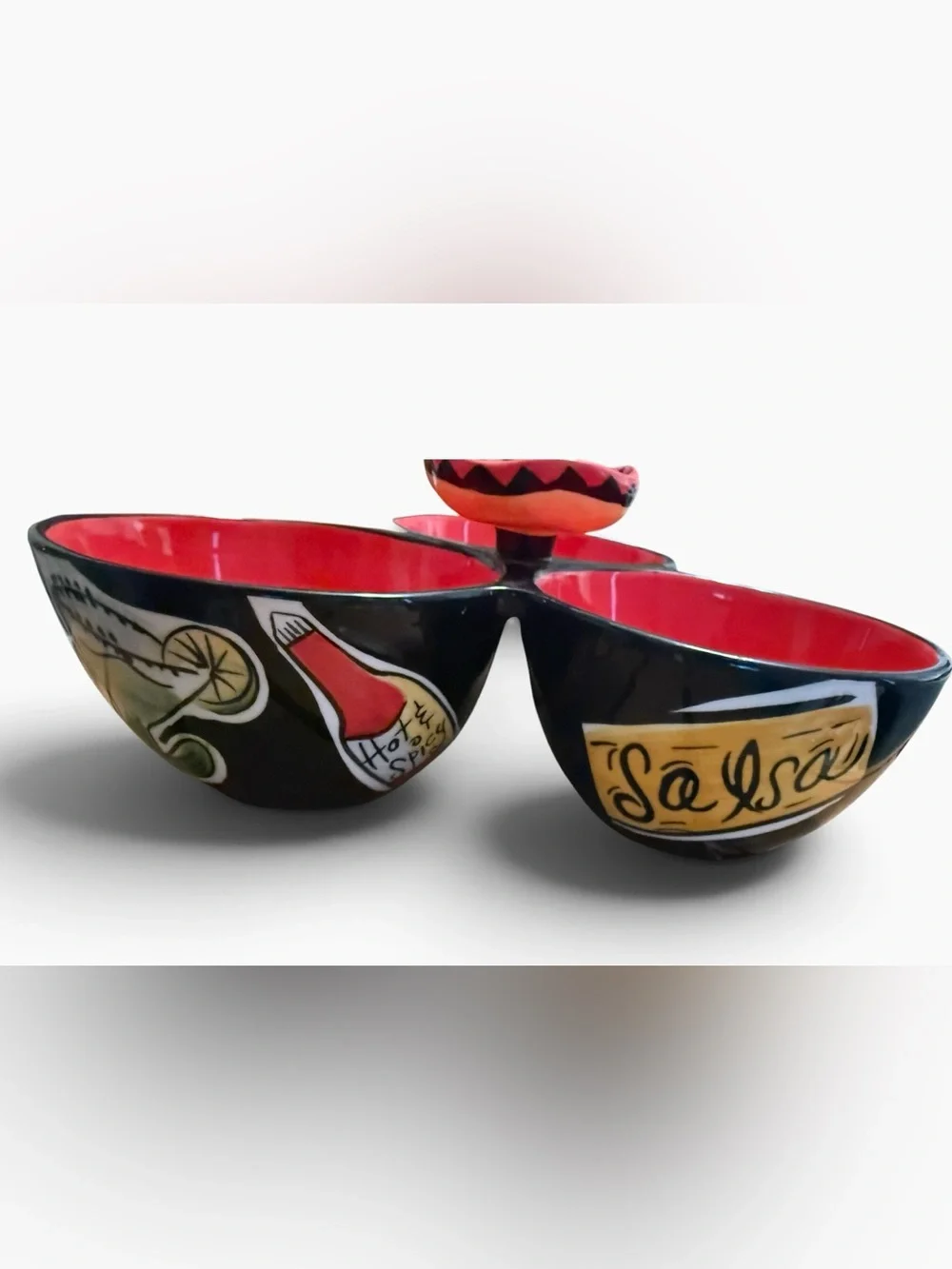 Clay Art Salsa Triple Condiment Bowl Sombrero